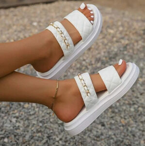 Women Quilted Chain Decor Flat Sandals, Fashion White Slide Sandals